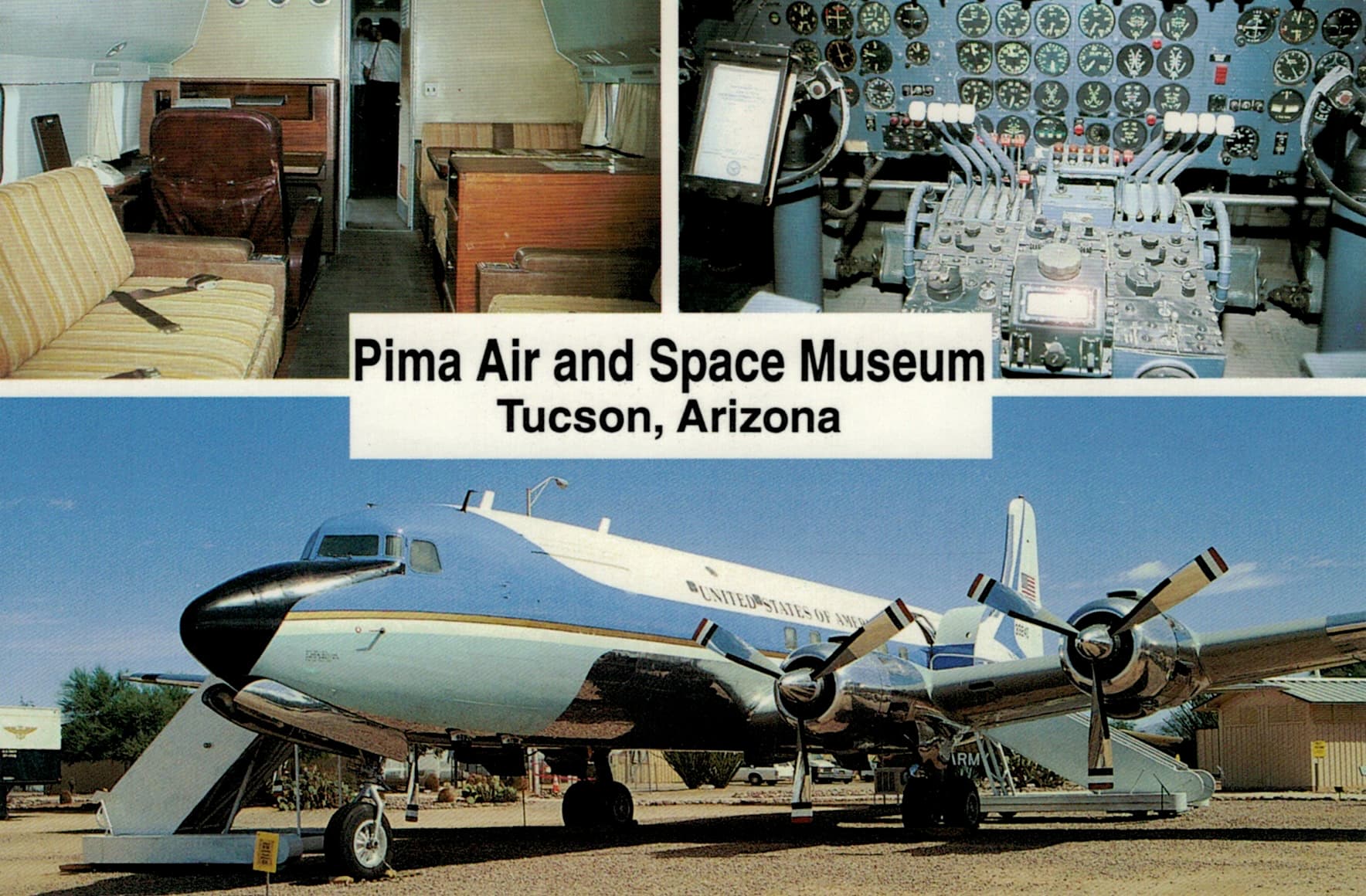 Postcard of the Pima Air and Space Museum in Tuscon, Arizona. The postcard shows an old propeller variant of Air Force One, a Douglas VC-118A Liftmaster.